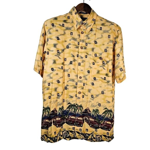 90s Ron Chereskin Hawaiian Shirt Beach Woody Surfer Pattern Rayon Mens M Yellow - Picture 2 of 10